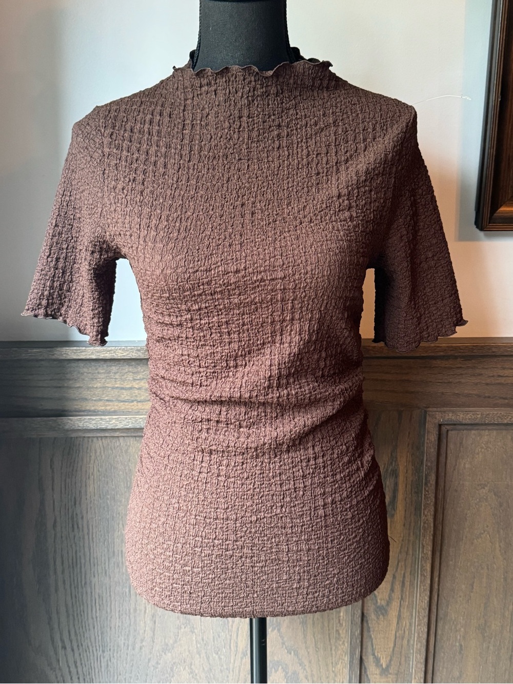 A new day Textured Brown Women's Short Sleeve Mock Neck Top small nwt